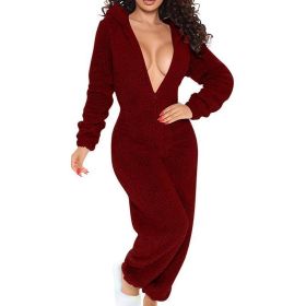 Women's Solid Color Plush Hooded Tracksuit Set Zip-Up Long Sleeve Top And Pants For Winter Loungewear (Option: Wine Red-S)