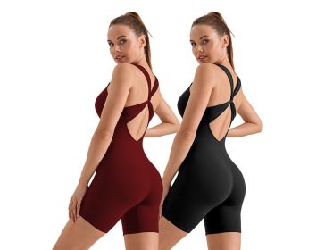 V-neck Skinny Jumpsuit With Crossover Beautiful Back Running With Chest Pad (Option: Multicolored-2pcs-S)