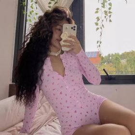 Floral V-neck Double-breasted Long Sleeve One-piece Shorts (Option: S-Pink)