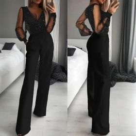 Women's Sexy Solid Color Deep V-Neck Tulle & Sequin Straight Leg Jumpsuit With Pockets For Spring&Summer Wear (Option: Black-S)