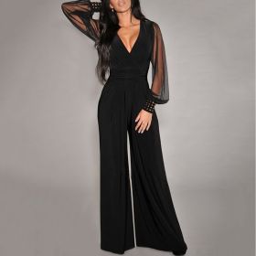 Women's Elegant V Neck Mesh Long Sleeve Loose Wide Leg Romper Party Jumpsuits With Rivet Cuffs (Option: Black-S)