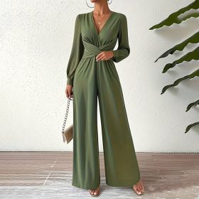 Women's Elegant Jumpsuit With Cross V-Neck & Long Sleeve Solid Color Belted Wide Leg Pantsuit For Office And Formal (Option: Green-S)