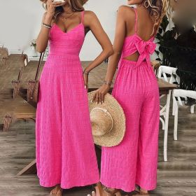Women's Elegant Pink Sleeveless Jumpsuit With Back Bow V-Neck Palazzo Pants, Vintage Style Casual Beachwear For Spring & Summer (Option: S)
