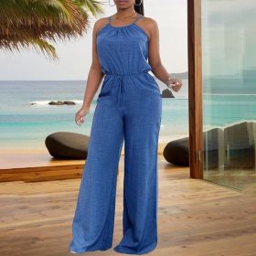 Women's Elegant Sleeveless Solid Color Jumpsuit - Wide Leg With Drawstring Waist, Shoulder-Baring Style For Spring&Summer (Option: Blue-S)