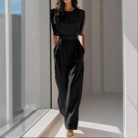 Women's Solid Color Round Neck Short Sleeve Wide-Leg Jumpsuit With Waist Design & Pockets Casual Romper For Spring&Summer (Option: Balck-S)