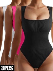 3 Pack Women Workout Seamless Jumpsuit Yoga Ribbed Bodycon One Piece Spaghetti Strap Romper (Option: 3PACK1-S)
