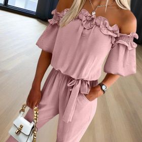 Women's Solid Color Elegant Off-Shoulder Jumpsuit With Ruffle Sleeves & Tie-Waist Summer Casual Romper (Option: Pink-S)