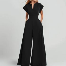 Women's V-Neck Solid Color Short Sleeve Jumpsuit Wide Leg A-Line Waist Tied Casual Summer Outfit (Option: Black-S)