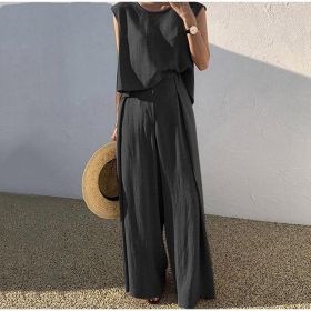 Cotton And Linen Casual Sleeveless Top Wide Leg Pants Two-piece Set (Option: Black-S)