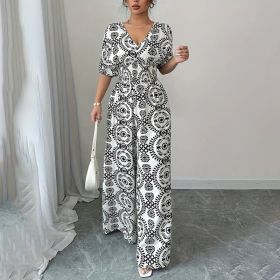 Womens Jumpsuits Short Sleeve V Neck Smocked Dressy Casual Wide Leg Pants Romper 2025 Summer One Piece Outfits (Option: Black White-S)