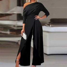 Women's Elegant One-Shoulder Jumpsuit With Long Sleeves & Pants Slit Pleated Waist Formal & Party For Spring&Summer (Option: Black-S)