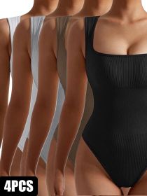 4 Pack Women Jumpsuit Workout Romper Short Sleeve Gym One Piece Bodycon Unitards Tummy Control Yoga Bodysuit (Option: 4PACK1-S)