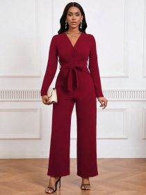 Simple And Stylish, Elegant Commuting Jumpsuit, Long Sleeve Straight Jumpsuit, V-neck, Cross Pleated, Tie-up Casual Jumpsuit, For Everyday Wear. (Option: S)