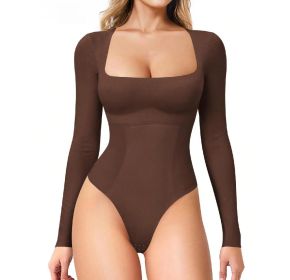 Women's Long Sleeve Square Neck Tummy Shaper Bodysuit Sexy Slimming Elegant Lingerie (Option: BrownS)