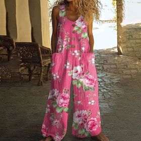 Women's Vintage Floral Jumpsuit - Sleeveless Button Front Romper With Pockets, Casual Loose Fit Long Pants Jumper (Option: Pattern1-S)